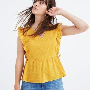 Madewell Side-Tie Ruffle Peplum Sleeveless Top Gold & Ivory Polka Dot Sz Small